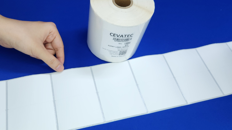 bề mặt decal PVC 50x70mm màu trắng, thích hợp dùng mực in mã vạch ruy băng.